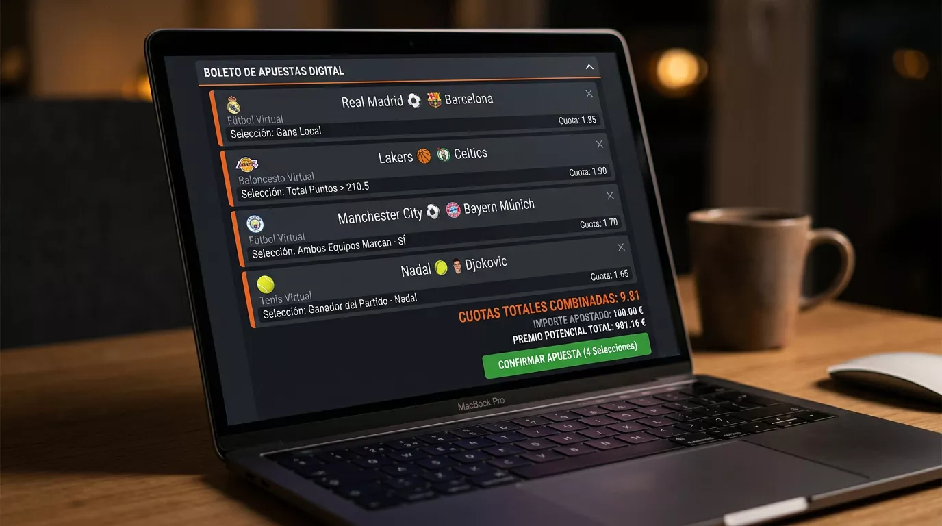 Boleta de apuesta combinada con selecciones múltiples de partidos virtuales y cuota final acumulada