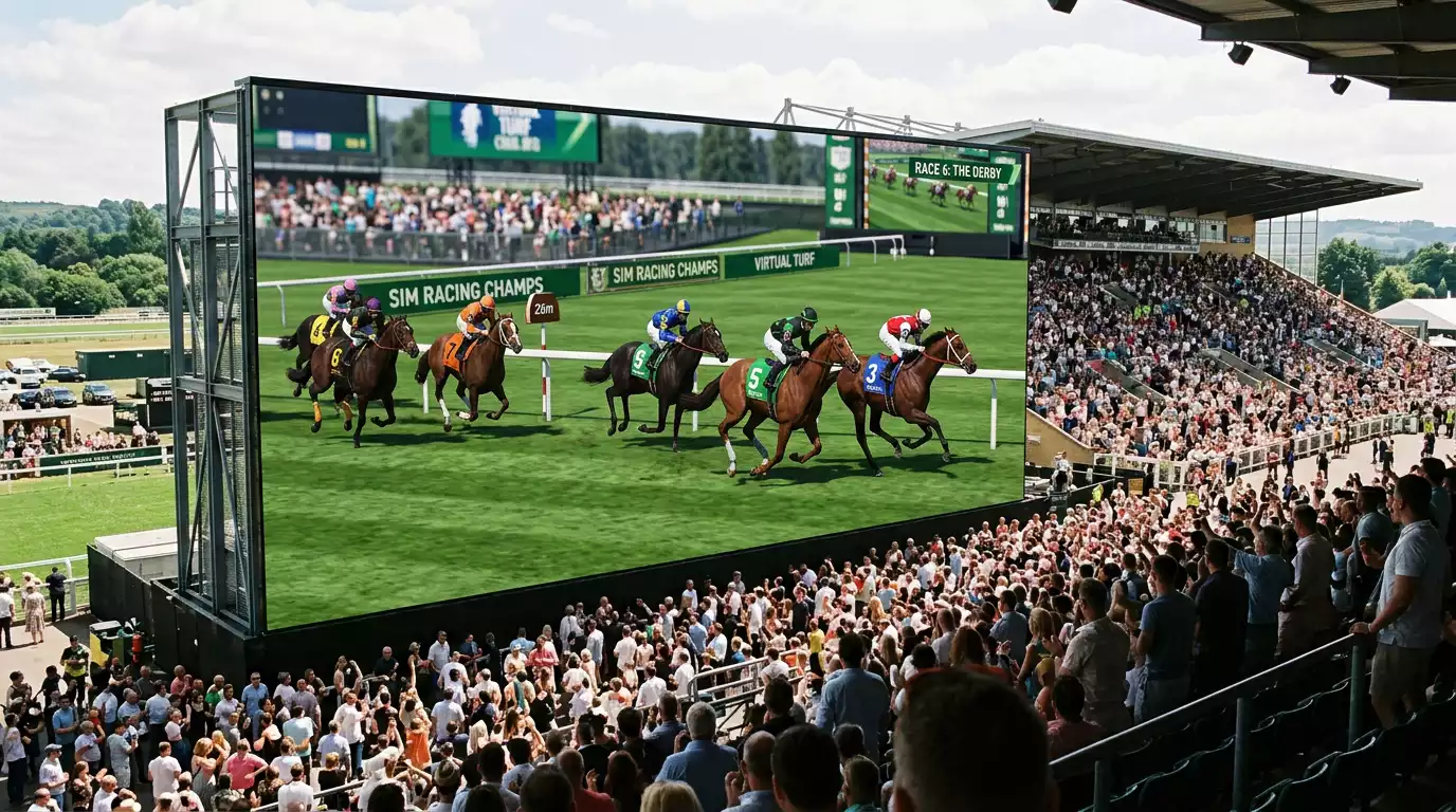 Hipódromo simulado por ordenador con ocho caballos virtuales en plena carrera