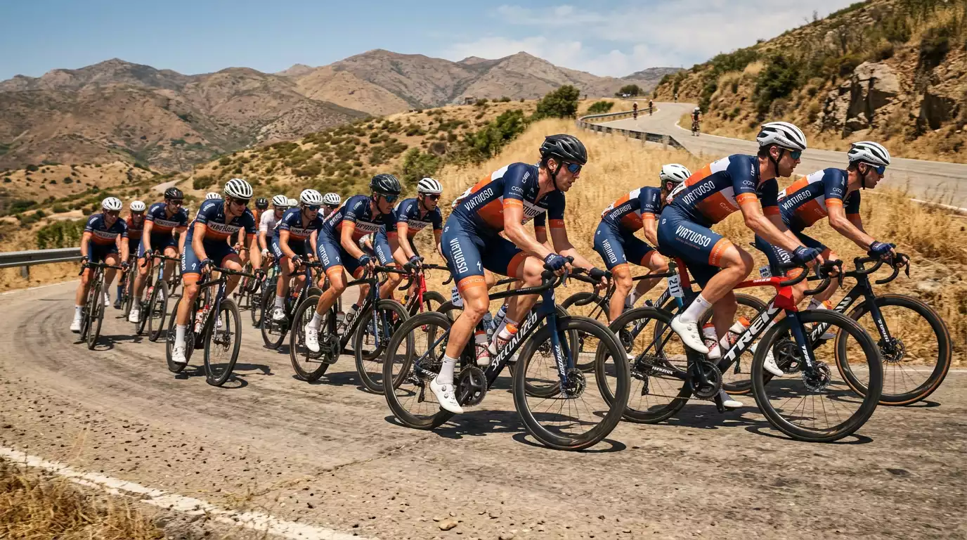 Pelotón simulado de ciclistas virtuales en una etapa corta generada por RNG