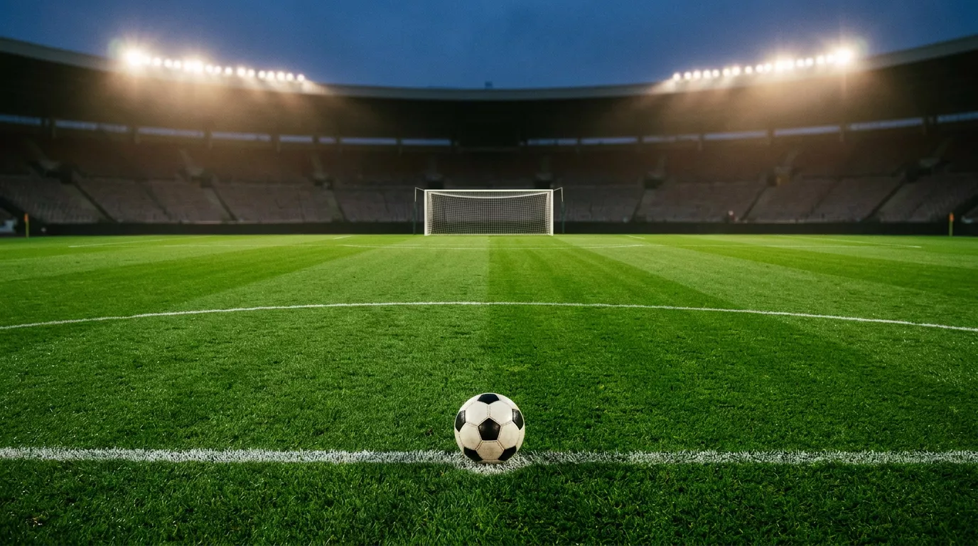 Campo de fútbol iluminado al anochecer con balón sobre la hierba verde