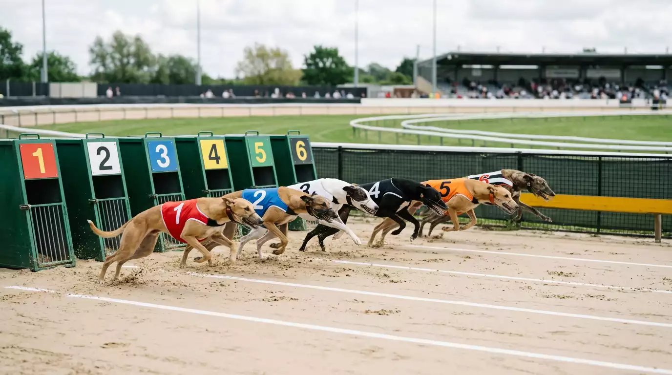 Canódromo simulado con seis galgos virtuales saliendo de trampas numeradas