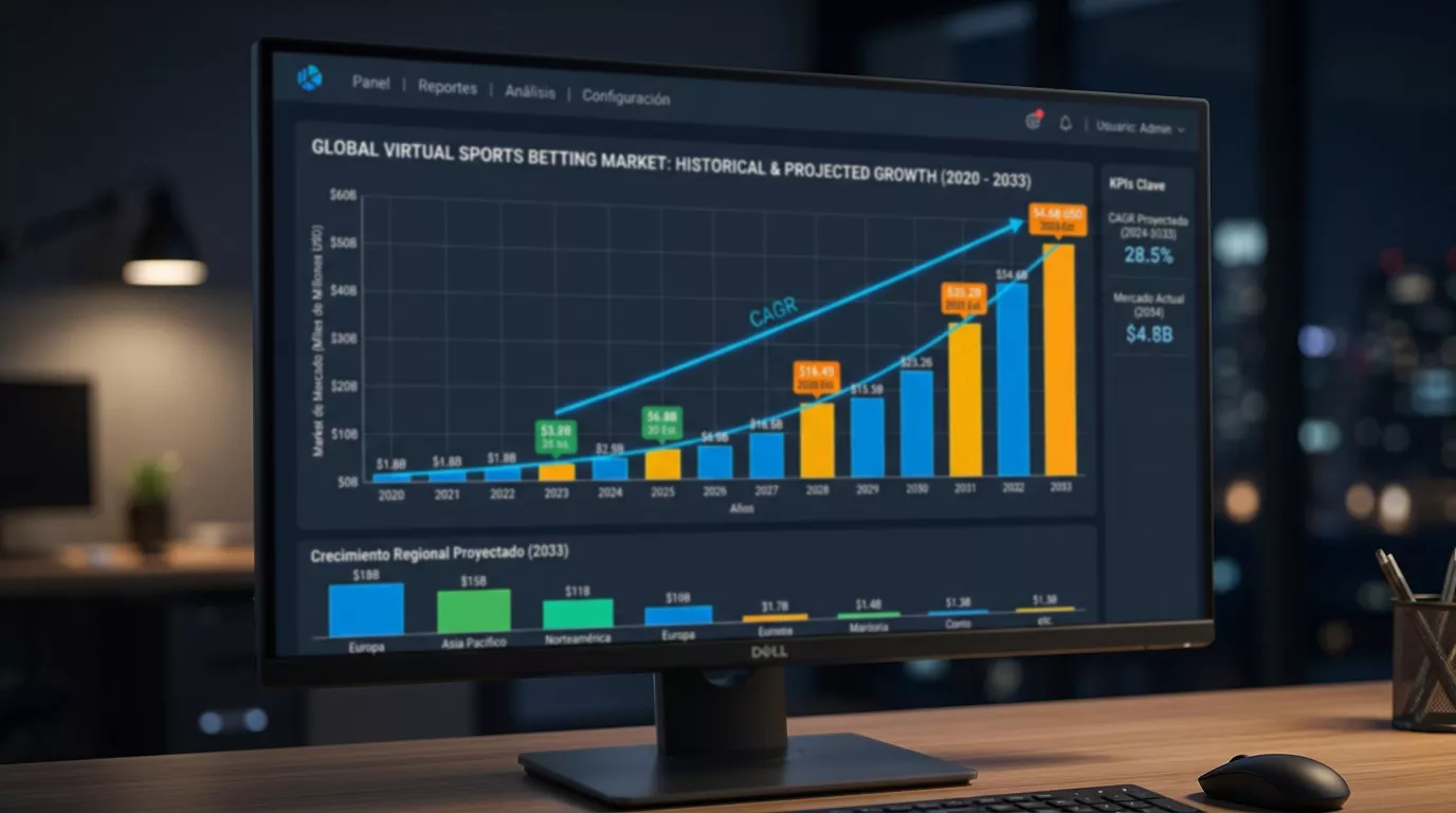 Gráfica de proyección del mercado global de apuestas en deportes virtuales hasta 2033