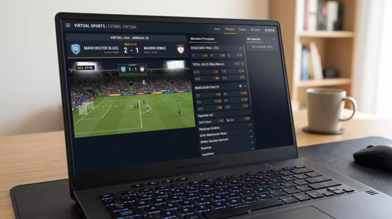 Panel con los principales mercados de apuestas en un partido virtual de fútbol con cuotas publicadas