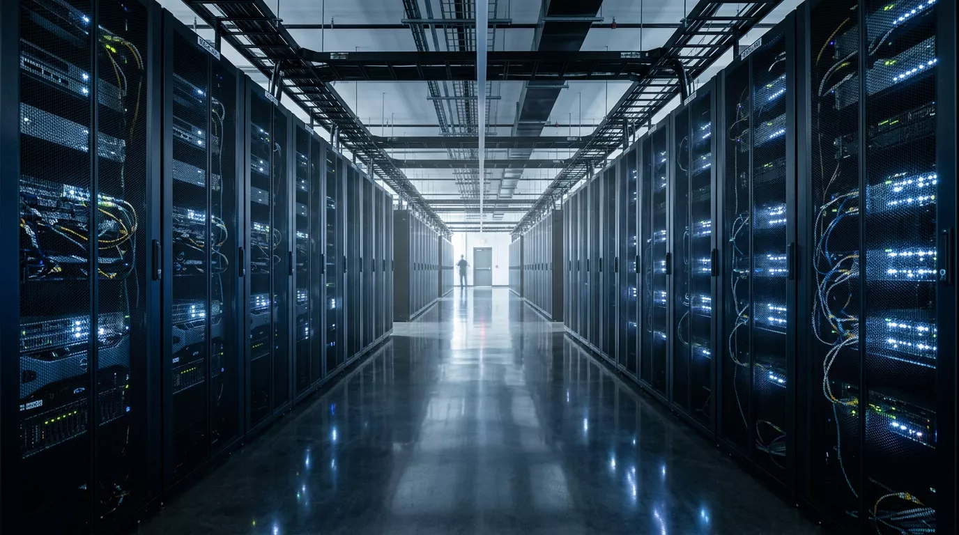 Centro de datos de un proveedor de deportes virtuales con racks de servidores iluminados
