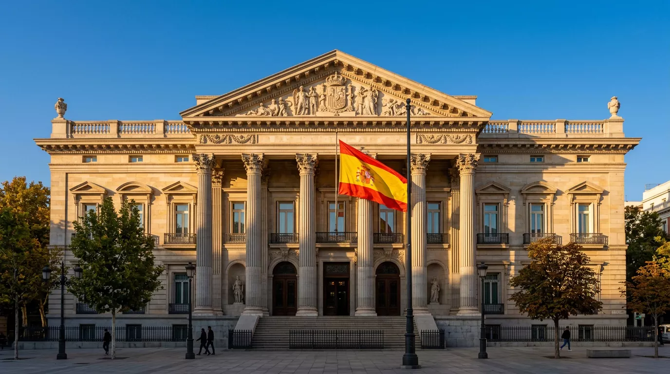 Edificio ministerial en Madrid con bandera de España donde se regulan las apuestas virtuales