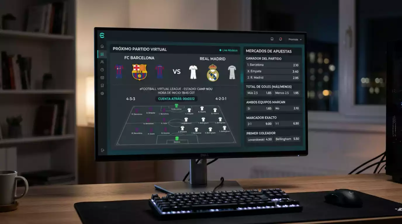 Pantalla del producto eFútbol virtual con motor Golden Race integrado en un operador español