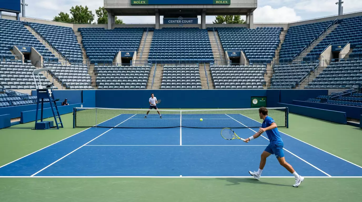 Pista de tenis simulada por ordenador con dos jugadores virtuales disputando un set