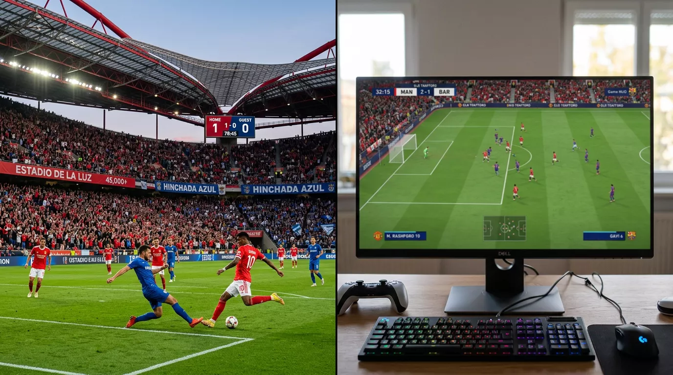 Contraste visual entre un partido de fútbol real en directo y un partido de fútbol virtual decidido por RNG