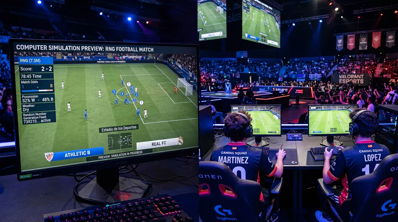 Comparativa visual entre un evento de deportes virtuales RNG y una competición de eSports con jugadores reales