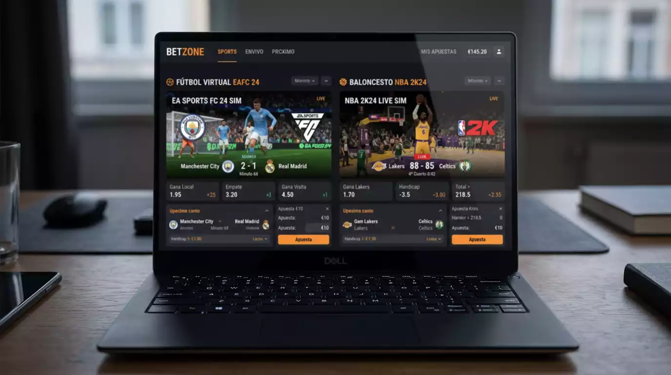 Pantalla de apuestas mostrando partidos de eFútbol EAFC y NBA 2K junto a deportes virtuales RNG